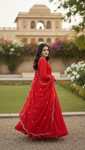 Leeli Peeri Designer Women's Vichitra Silk Embroidery Work Anarkali Kurta with Trouser and Dupatta