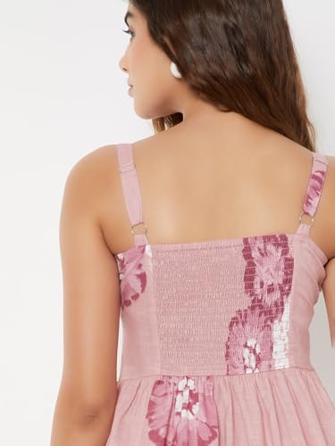 Max Women Floral Print Tiered Dress (Pink_L)