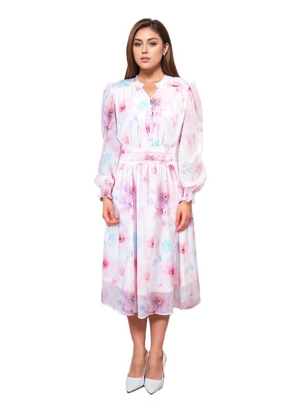 Zink London Women's White Floral Prints Relaxed Fit Midi Dress