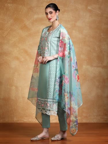 Varanga Women Thread Embroidered Kurta With Trouser & Floral Printed Dupatta