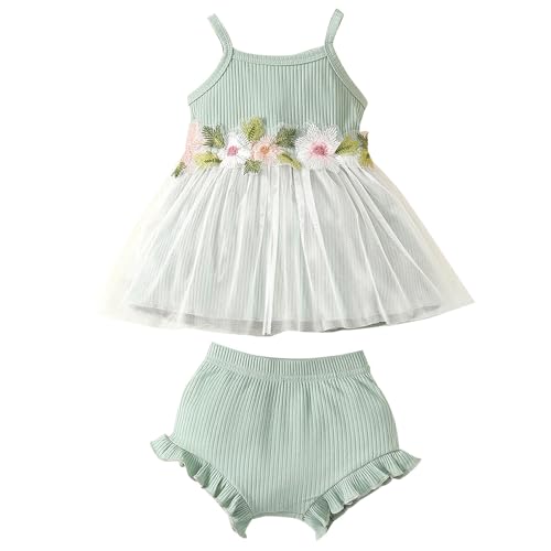Hopscotch Baby Girls Embellished Print Sleeveless Mint Short set For Ages (9-12 Months)