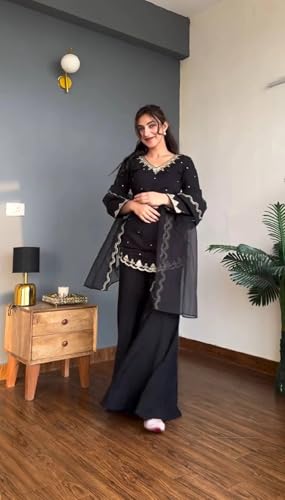 VARNI FABRICS: A lady's First Love Women's Black Crepe Kurti With Dupatta And Palazzo, Gold Zari Work, Ethnic Wear, Festive Occasion (IN, Alpha, M, Regular)