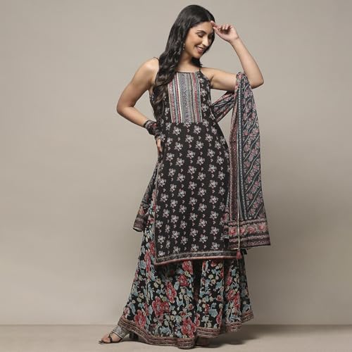 BIBA WOMEN PRINTED STRAIGHT SALWAR KURTA DUPATTA(SKDPOSHINA9037_BLACK_40)