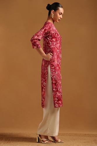 Soch Womens Onion Pink Rayon Floral Print Kurta with Mirror Work