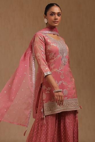 Soch Womens Pink Organza Zari Woven Suit Set Sequins