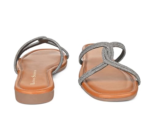 LOUIS STITCH Women’s Fashion Flat Tan Slip-On Sandals | Open Toe Silver Cross Strap Flat Slipper for Ladies | LSOF-LDSL-CRCSGM| (UK-7)