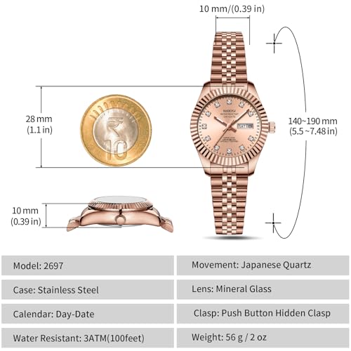 NIBOSI Watches for Woman Analog Quartz Stainless Steel Diamond Rose Gold Green Small Dial Women Watches Classic Wrist Watch Date Waterproof (A06-Rose Gold)