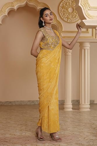 Biba Women Yellow Poly Georgette Digital Printed Gown Saree_38