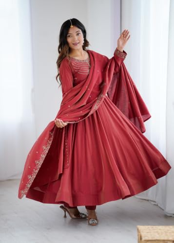 Leeli Peeri Designer Women's Chanderi Silk Embroidery Work Anarkali Kurta Set With Dupatta.