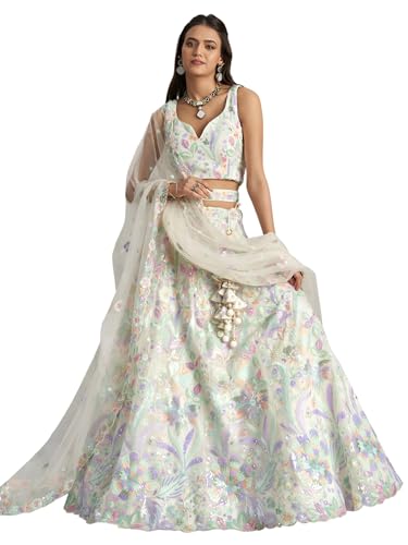 Zeel Clothing Women's Sequins Embroidered Work Soft Net Lehenga Choli With Dupatta (6020-White-Women-Lehenga-Choli-New; Free size)