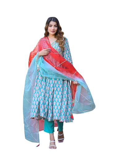 Divena Turquoise blue Floral Muslin Printed Kurta Pand with Dupatta