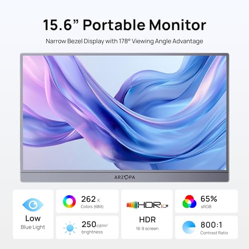 ARZOPA Portable Monitor 15.6'' FHD 1080P - Ultra-Slim Portable Laptop Monitor with Kickstand - IPS Display for PC, MAC, Phone, Xbox, PS5 - USB C & HDMI Connectivity - A1 GRAY