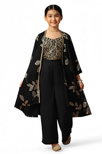 Fashion Dream Girl's Georgette Embroidered Salwar Suit Set|Suit for Girls|Salwar suit for kids|Ethnic Wear|Indo Western Set (FDGSET00504 BLK 36_Black_11-12 Years)