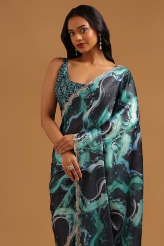 Soch Womens Blue Satin Abstract Saree With Stone Work