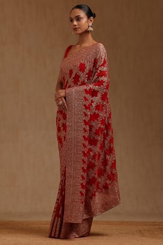 Soch Womens Red Georgette Embroidered Saree With Zari