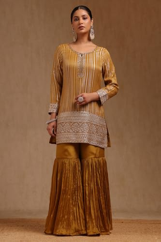 Soch Womens Mustard Tissue Zari Woven Suit Set With Mirror And Stone