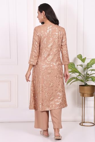 W for Woman Brown Floral Printed Sequins A-line Rayon Kurta with Flared Pants Set - (WS13702-401065-3XL)