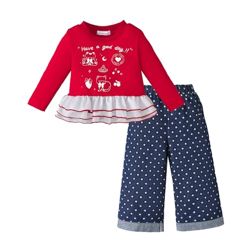 Hopscotch Girls Red Full Sleeves 2-Pc Polka Dot Jeans Set For Age (3-4 Years)