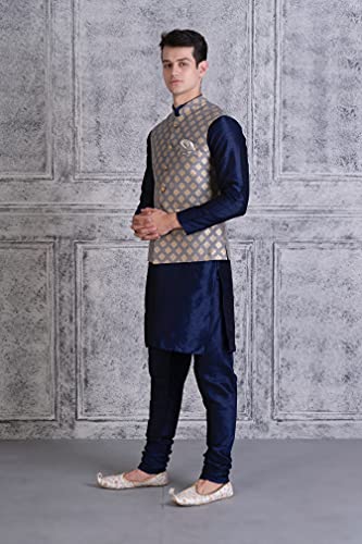 Ethluxis Men's Silk Blend Regular Fit Navy Kurta Pyjama Set With Bundi Nehru Jacket Waistcoat (44, Navy/Grey), 2XL
