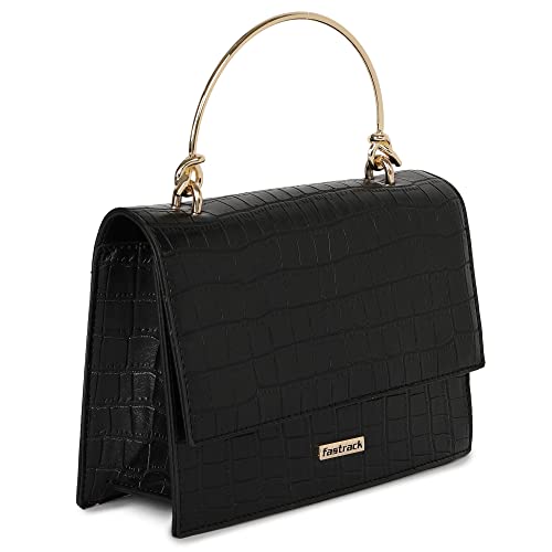 Fastrack Women's Croco Textured Satchel with Dainty Metal Handle, Detachable Sling Strap & Button Closure, Black
