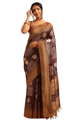 Soch Womens Brown Tussar Ethnic Motifs Kantha Embroidered Saree