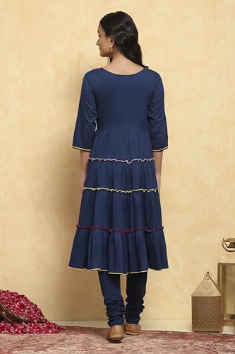 BIBA Girl's Navy Blue Cotton Tiered Solid Suit Set