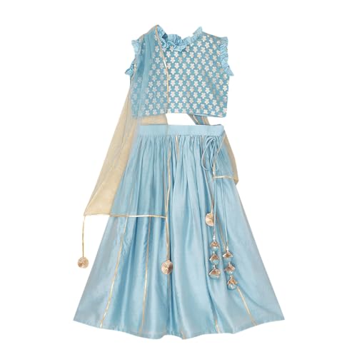 Hopscotch Girls Cotton Floral Print Lehenga Choli Ethnic Set With Dupatta in Blue Color For Ages 3-4 Years (FRH-4545682) | Finish Type: Readymade