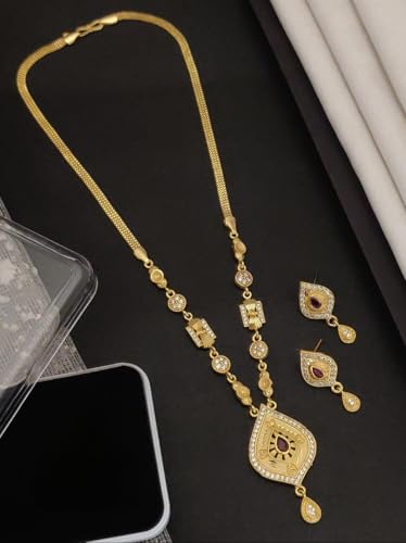 Seora Gold Plated Leaf-Shaped chain Pendant earring Jewellery Set for Women, Traditional Necklace & Earrings with Red Stone and CZ Diamond for Weddings & Parties