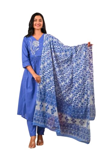 Women's Blue Anarkali Kurta with Floral Printed Dupatta and Trouser Set, 3-Piece Ethnic Wear (IN, Alpha, L)