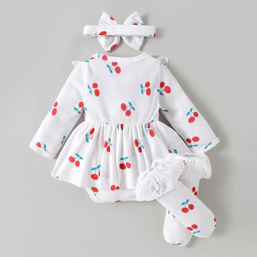 Hopscotch Girls Full Sleeves White Cherry Pattern Frill Neck Bodysuit (1-3 Months)