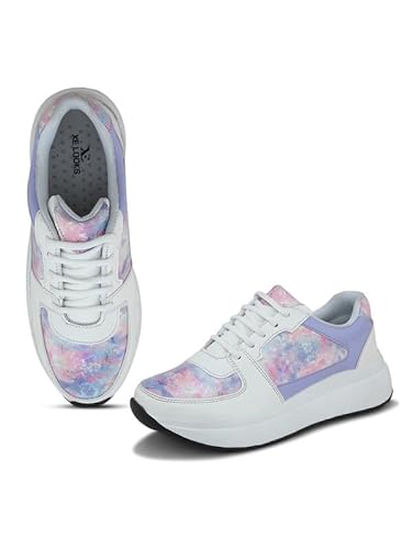 XE Looks Women Printed Lace-Up Sneakers | Comfortable Lightweight Soft Sole Casual Shoes for Girls | Fashionable, and Stylish Design Footwear | Ideal for Walking, Running and Daily Use (Purple)