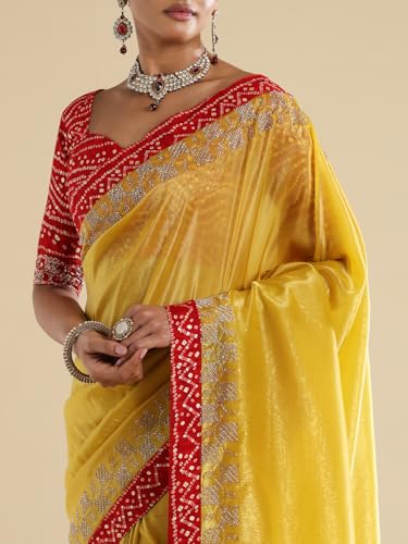 AKHILAM Women's Yellow Tissue Embellished Embellished Saree With Unstitched Blouse Piece (ANIKA3901_AG)