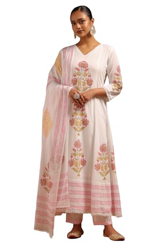 Soch Womens Off White Cotton Floral Print Suit Set With Beads