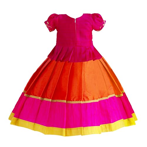 Stanwells Kids Orange & Pink Combo Flared Dress Puff Sleeves Readymade Hand Sequins Embroidery Ethnic Traditional Full Length South Indian Baby Girls Lehenga Choli (6–12 Months)