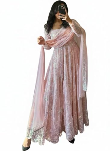 SIRIO CRAFT Women’s Peach Pink Embroidered Anarkali Gown with Dupatta Ethnic Dress for Wedding & Festive (in, Alpha, L, Regular, Woman, pich Pink)