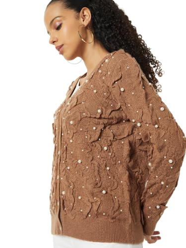 Max Women Pearl Embellished Cardigan (Beige_L)