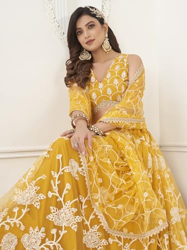 Zeel Clothing Women's Embroidered Soft Net Semi-Stitched Lehenga Choli With Dupatta (2122-Yellow-Wedding-Stylish-Latest; Free Size)