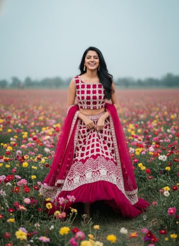 VARNI FABRICS Women's Pink Embroidered Lehenga Choli With Dupatta, Embroidery Pattern, Bridal Wear, Semi-Stitched