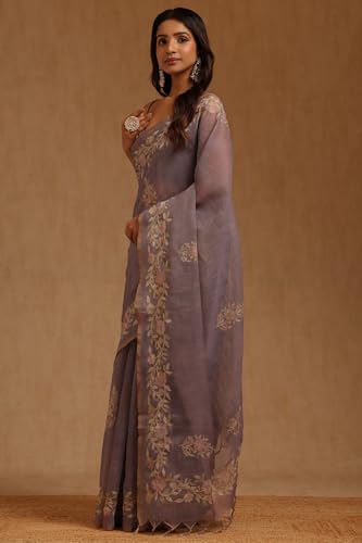 Soch Womens Lavender Linen Floral Printed Zari Embroidered Saree