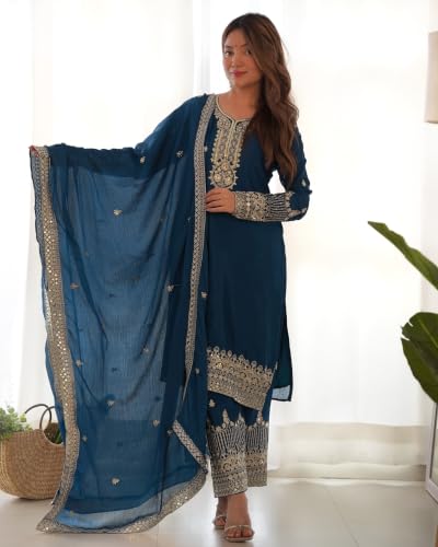 Leeli Peeri Designer Women's Chinon Silk Embroidery Work Straight Kurta Set With Dupatta.