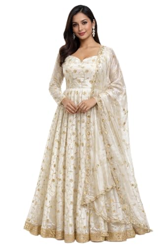 Glinty Chic Women's White and Gold Embroidered Anarkali Gown with Dupatta, Floral Sequin Work, Sweetheart Neck, Ethnic Wear (in, Alpha, M, Regular)