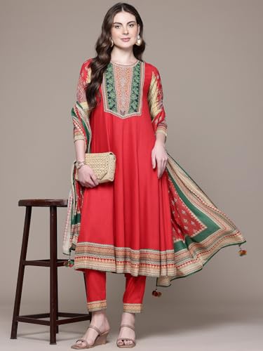 Aarke Ritu Kumar Red Prim Rose Round Neck Kurta With Pant And Dupatta