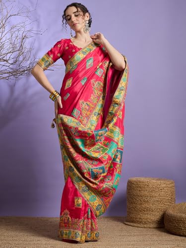 AKHILAM Women's Pink Viscose Silk Ethnic Motif Printed Saree With Unstitched Blouse Piece (MSTANI130E_HS)