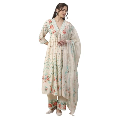 Biba Women White Cotton Anarkali Suit Set_38