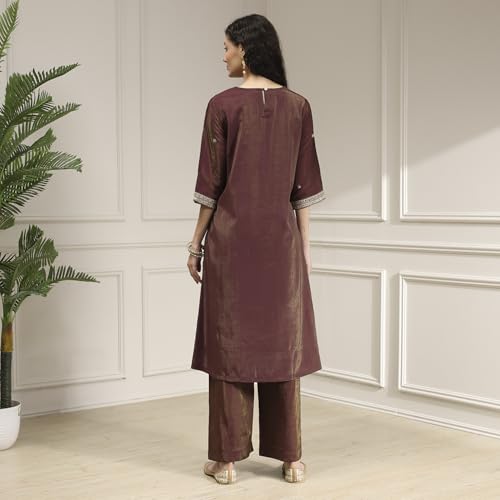 Biba Women Wine Viscose Rayon Straight Solid Kurta Set_38
