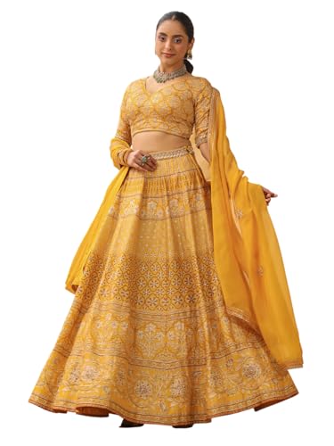 Woman's Elegant printed mustard yellow lehenga choli