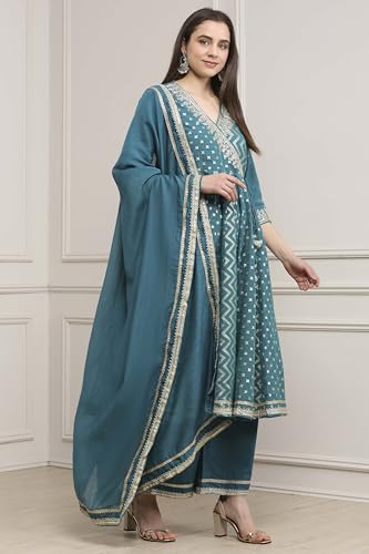 Biba Women Teal Green Poly Cotton Anarkali Suit Set_36