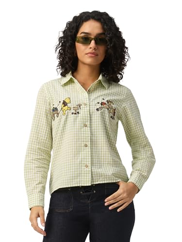 The Souled Store Winnie The Pooh: Garden Fun Women and Girls Full Length Spread Collar Green and White Embroidered Cotton Regular Fit Breathable Lightweight Everyday All-Season Shirt
