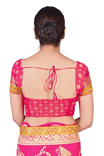 Monjolika Fashion Women's Elegant Banarasi Tissue Silk Saree with Rich Zari Border With Unstitched Blouse Piece (Rani Pink)