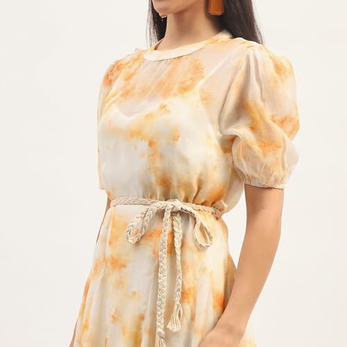 Madame Tie Dye Belted Orange Rayon Blend Mini Dress